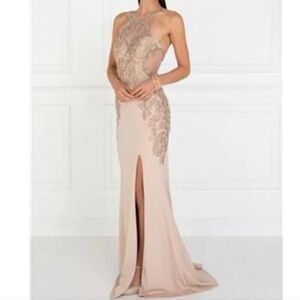 Beautiful Beige evening long split side Prom  dress fits S